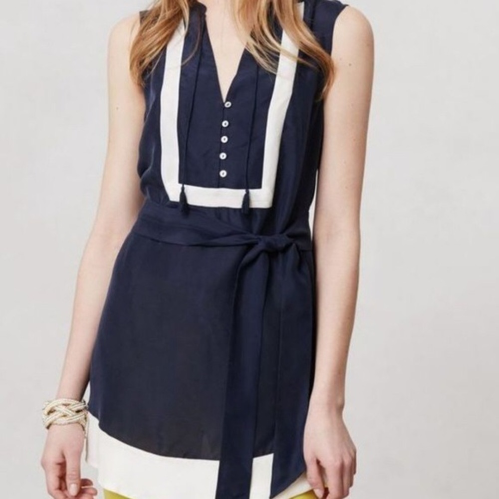 Anthropologie Navy Tie Dress/Tunic Blouse
